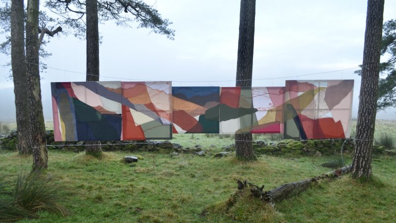 Still from film Landscape in Lockdown. Featuring 5-panel painting Loch Muick, 130x634cm, Oil bar and oil paint on mixed materials.